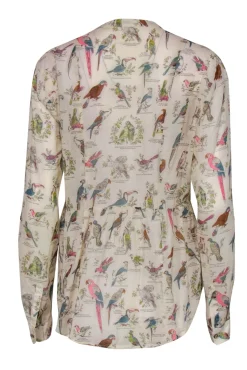 Maeve - Beige & Multicolor Bird Print Long Sleeve Button-Up Blouse Sz 10