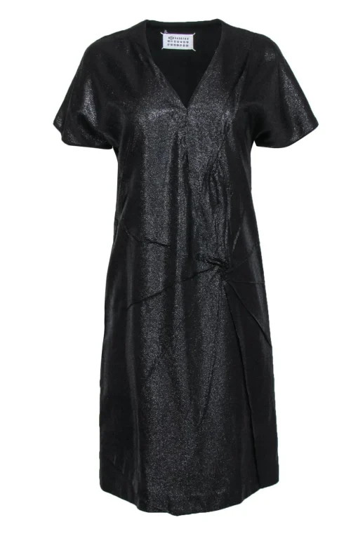 Maison Martin Margiela - Black Metallic Gathered Twist Shift Dress Sz 8