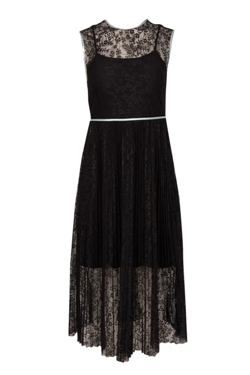 Maje - Black Lace Pleated Dress w/ Blue Trim Sz 4