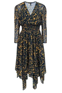 Maje - Navy & Yellow Spotted Print Long Sleeve Midi Dress Sz L