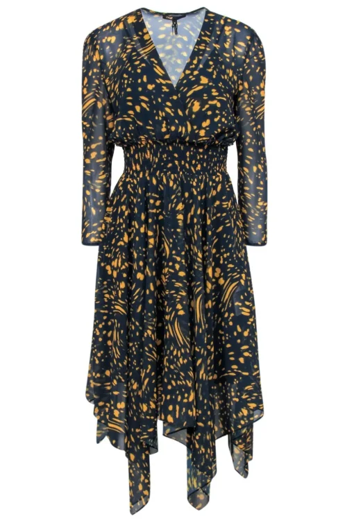 Maje - Navy & Yellow Spotted Print Long Sleeve Midi Dress Sz L
