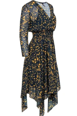 Maje - Navy & Yellow Spotted Print Long Sleeve Midi Dress Sz L