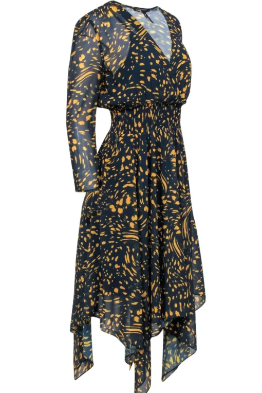 Maje - Navy & Yellow Spotted Print Long Sleeve Midi Dress Sz L