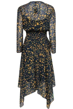 Maje - Navy & Yellow Spotted Print Long Sleeve Midi Dress Sz L
