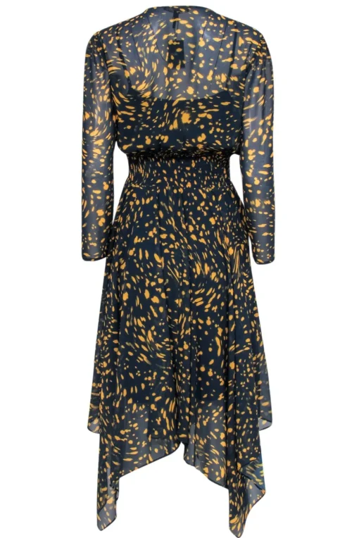 Maje - Navy & Yellow Spotted Print Long Sleeve Midi Dress Sz L