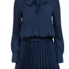 Maje - Navy Pleated Long Sleeve Dress w/ Neck Tie Sz 4