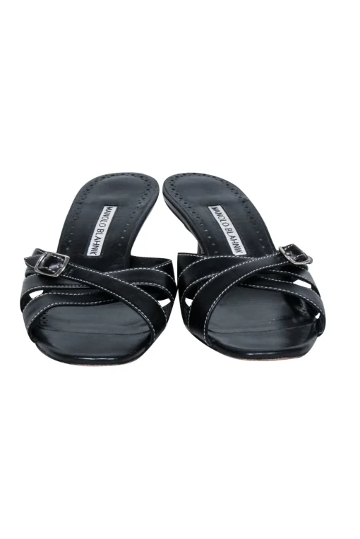 Manolo Blahnik - Black Leather Strappy Mules w/ Buckle Sz 8