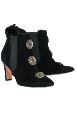 Manolo Blahnik - Black Suede Ankle Boots w/ Gold Scalloped Motif Sz 7