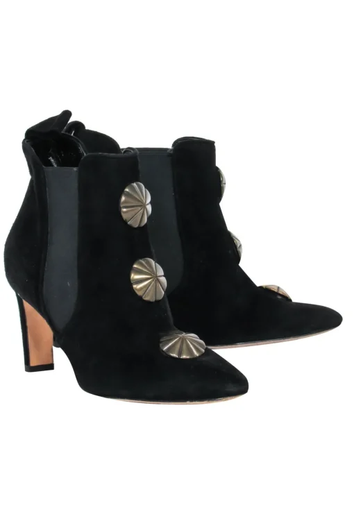 Manolo Blahnik - Black Suede Ankle Boots w/ Gold Scalloped Motif Sz 7