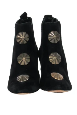 Manolo Blahnik - Black Suede Ankle Boots w/ Gold Scalloped Motif Sz 7