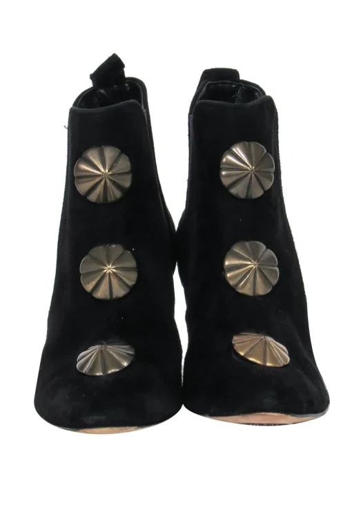 Manolo Blahnik - Black Suede Ankle Boots w/ Gold Scalloped Motif Sz 7
