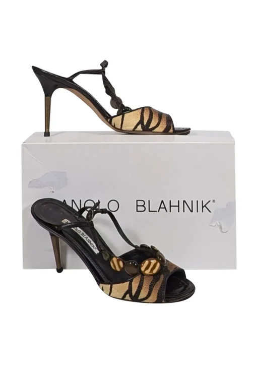 Manolo Blahnik - Brown & Beige Tiger Printed Stingray Leather Strappy Sandals Sz 7.5