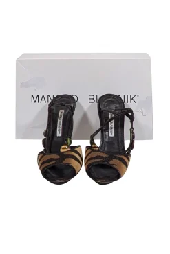 Manolo Blahnik - Brown & Beige Tiger Printed Stingray Leather Strappy Sandals Sz 7.5