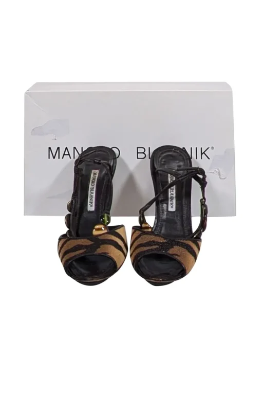 Manolo Blahnik - Brown & Beige Tiger Printed Stingray Leather Strappy Sandals Sz 7.5