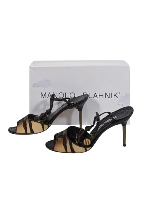 Manolo Blahnik - Brown & Beige Tiger Printed Stingray Leather Strappy Sandals Sz 7.5