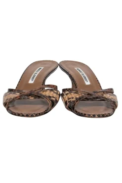 Manolo Blahnik - Brown Snakeskin Strappy Open Toe Kitten Heels Sz 7.5