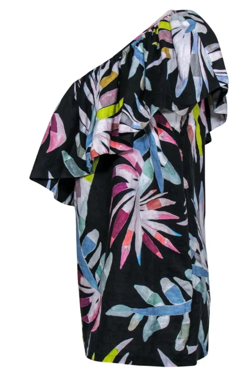 Mara Hoffman - Black & Multicolor Leaf Print One-Shoulder Dress w/ Flounce Top Sz 12