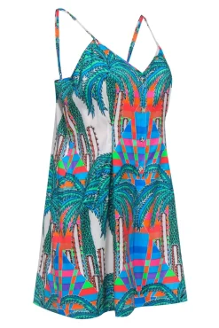Mara Hoffman - White & Multicolor Palm Tree, Cactus & Colorblocked Print Romper Sz 8