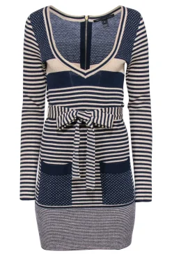Marc by Marc Jacobs - Beige & Navy Striped & Polka Dot Sparkly Sweater Dress Sz M