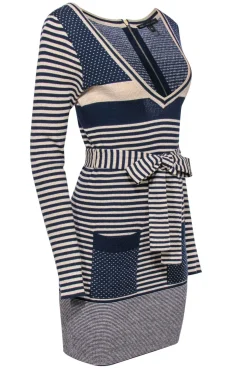Marc by Marc Jacobs - Beige & Navy Striped & Polka Dot Sparkly Sweater Dress Sz M