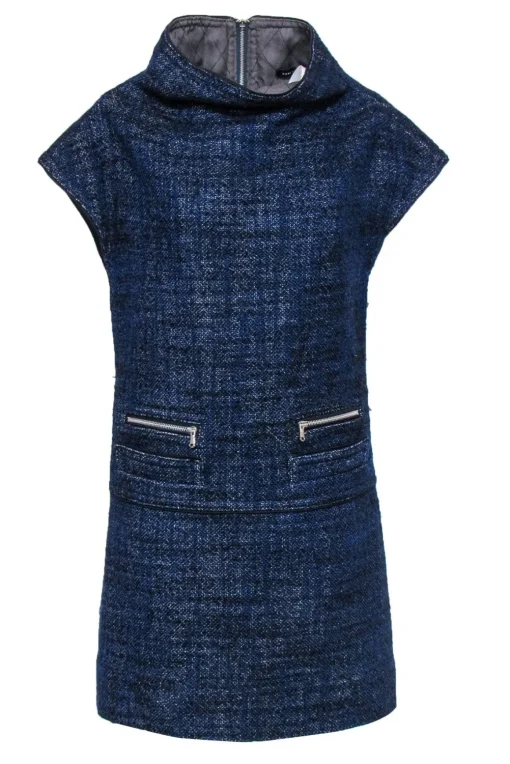 Marc by Marc Jacobs - Blue & Black Tweed Funnel Neck Shift Dress Sz M