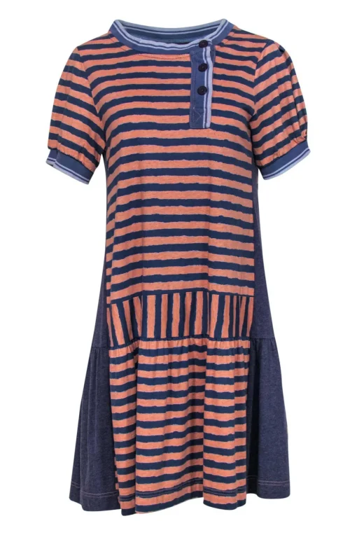 Marc by Marc Jacobs - Navy & Peach Striped Drop-Waist Cotton Dress Sz S