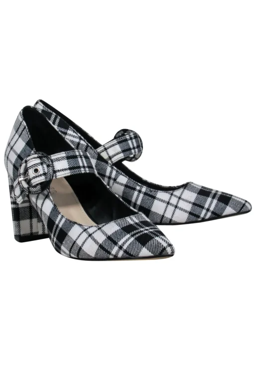 Marc Fisher - Black & White Plaid Mary-Jane Pumps w/ Buckle Closure Sz 7.5