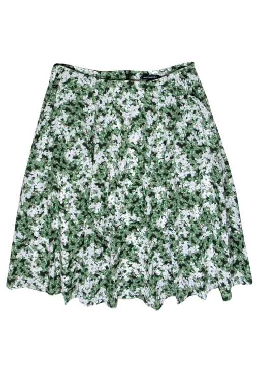 Marimekko - Green & White Floral Print Pleated Midi Skirt Sz 12