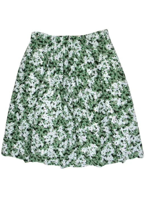 Marimekko - Green & White Floral Print Pleated Midi Skirt Sz 12