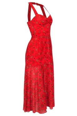 Marissa Webb - Red Bohemian Print Tiered Maxi Dress w/ Back Cutout Sz XS