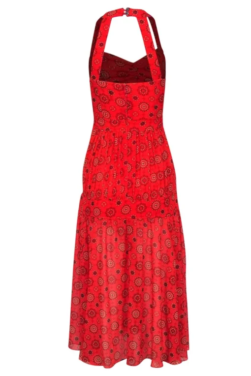 Marissa Webb - Red Bohemian Print Tiered Maxi Dress w/ Back Cutout Sz XS