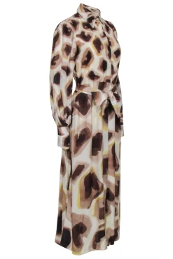 Massimo Dutti - Beige, Brown, & Cream Print Long Sleeve Button Front Dress Sz 6
