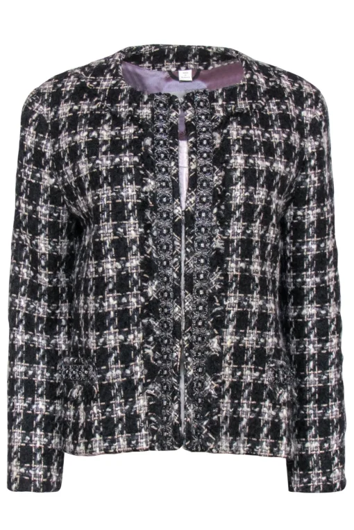 Max Mara - Black & White Plaid Woven Jacket w/ Beading Sz 14