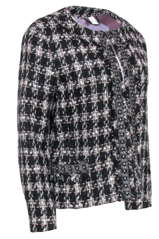 Max Mara - Black & White Plaid Woven Jacket w/ Beading Sz 14