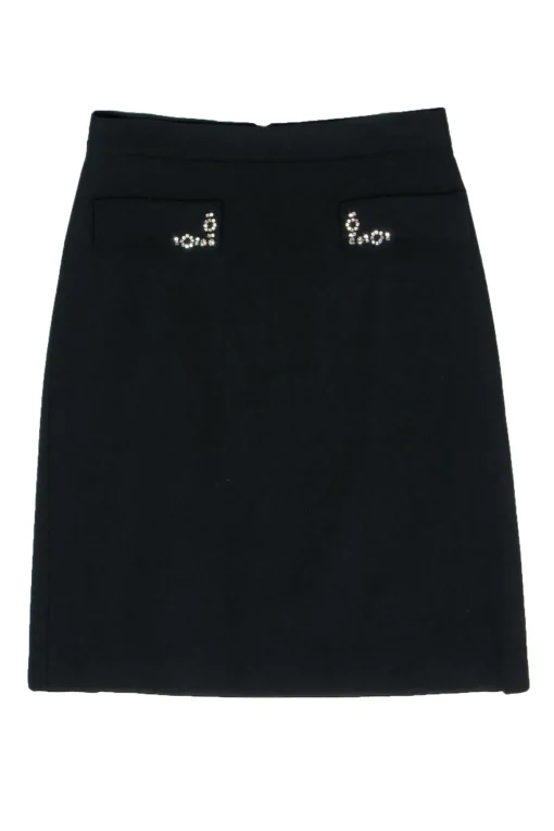 Max Mara - Black Midi Pencil Skirt w/ Bejeweled Pockets Sz 12