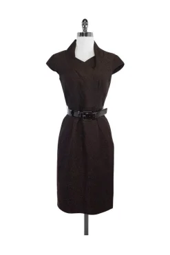 Max Mara - Brown Brocade Linen & Silk Cap Sleeve Dress Sz 4