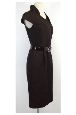 Max Mara - Brown Brocade Linen & Silk Cap Sleeve Dress Sz 4