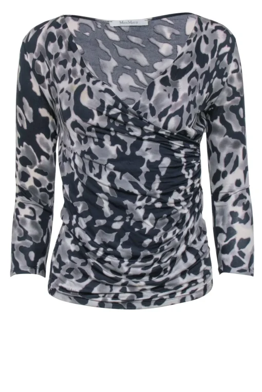Max Mara - Taupe Grey Leopard Print Surplice Top Sz S