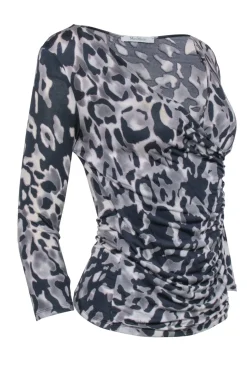 Max Mara - Taupe Grey Leopard Print Surplice Top Sz S