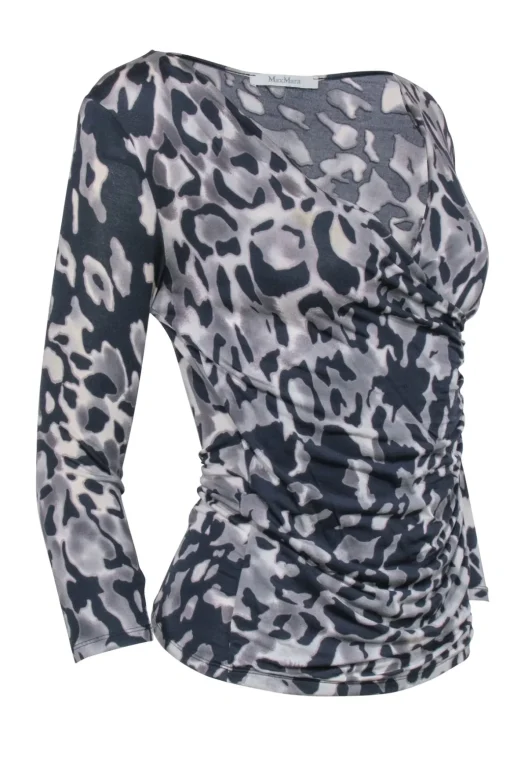 Max Mara - Taupe Grey Leopard Print Surplice Top Sz S