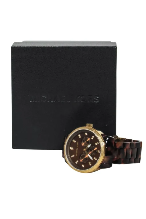 Michael Kors - Brown Tortoise Shell Lucite Chainlink Watch w/ Jeweled Face