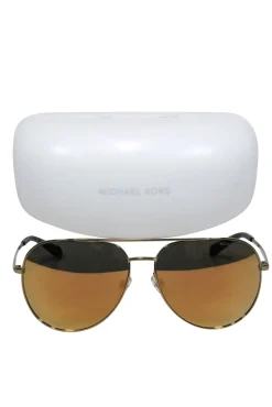 Michael Kors - Gold Reflective Aviator Sunglasses w/ Tortoise Shell Trim