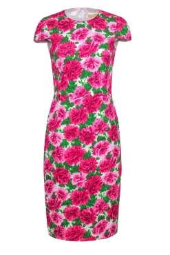 Michael Kors - Pink & Green Floral Printed Textured Sheath Dress Sz 4