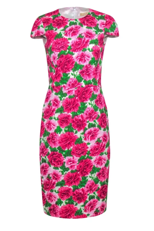 Michael Kors - Pink & Green Floral Printed Textured Sheath Dress Sz 4