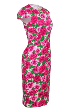 Michael Kors - Pink & Green Floral Printed Textured Sheath Dress Sz 4