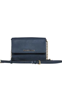 Michael Kors - Small Navy Textured Leather Fold-Over Gold Chain Wallet Crossbody