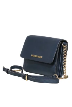 Michael Kors - Small Navy Textured Leather Fold-Over Gold Chain Wallet Crossbody