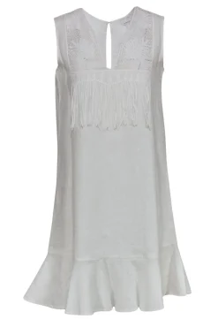 Miguelina - White Linen Shift Dress w/ Embroidery & Fringe Sz XS
