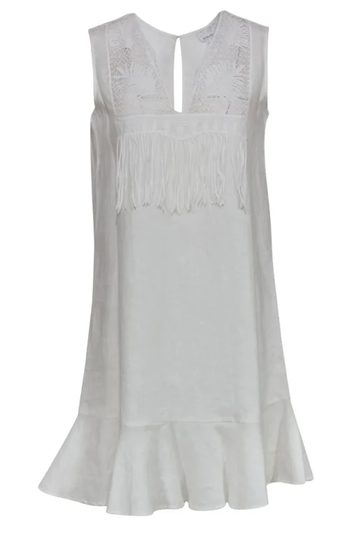 Miguelina - White Linen Shift Dress w/ Embroidery & Fringe Sz XS