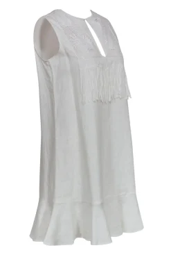 Miguelina - White Linen Shift Dress w/ Embroidery & Fringe Sz XS